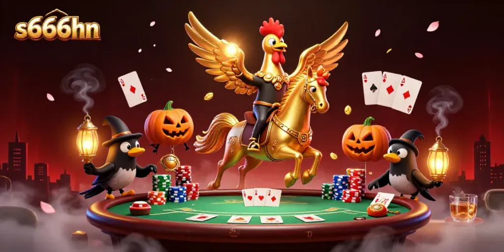 Bet on exciting games at s666hn casino with golden rooster and casino action illustration.