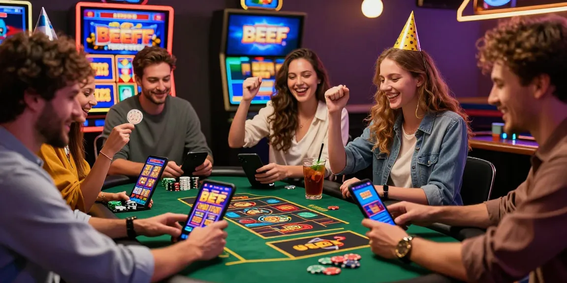 Freunde genießen das beef casino online mit glücklichen Siegermomenten, während sie an Tischen spielen.