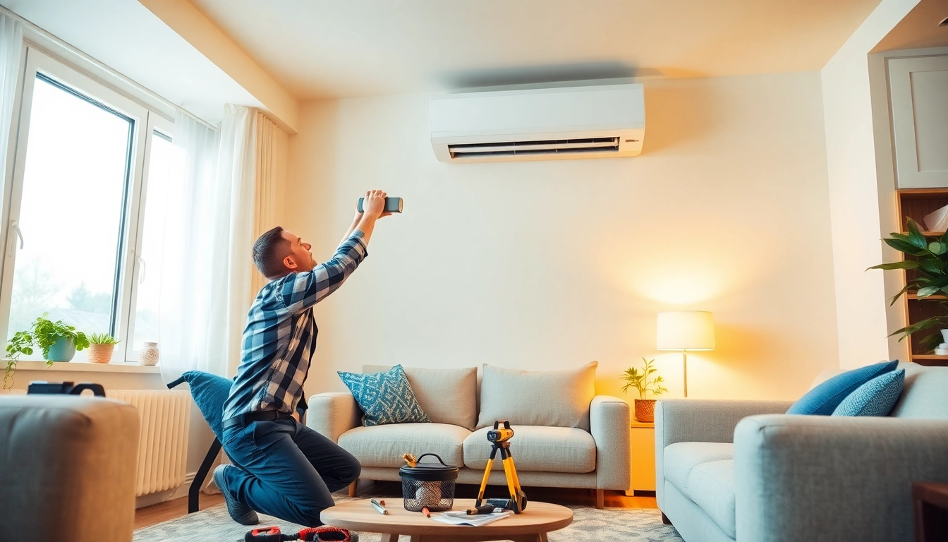 Klima installieren a modern air conditioning unit in a bright living room with tools laid out.
