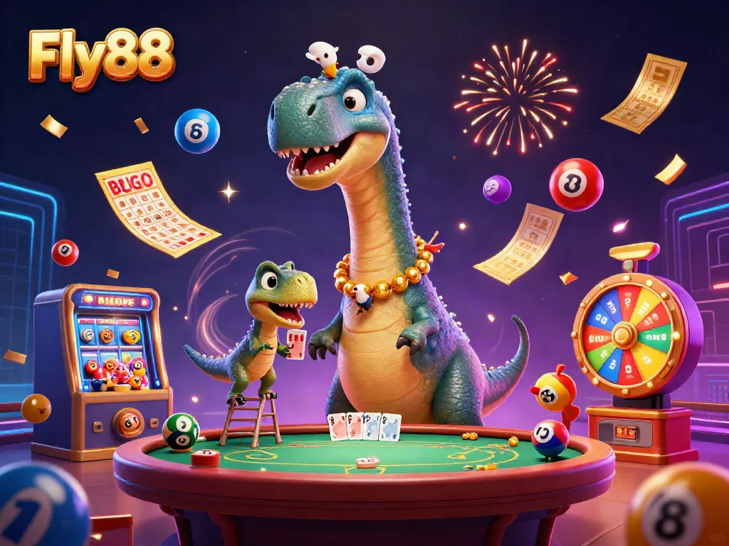 Experience thrilling gameplay at Fly88 with a magical scene featuring a giant brontosaurus and dynamic lottery elements.
