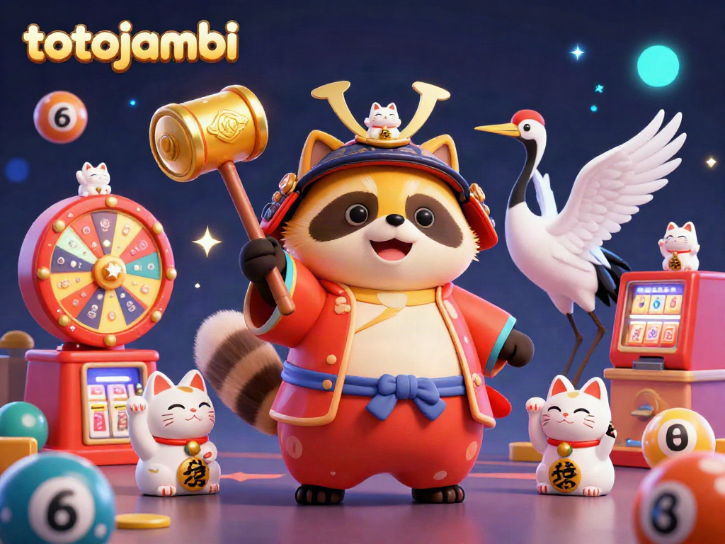 Engage with the vibrant lottery scene at totojambi, showcasing a cheerful tanuki, crane, and fortune cats amidst dynamic gaming elements.