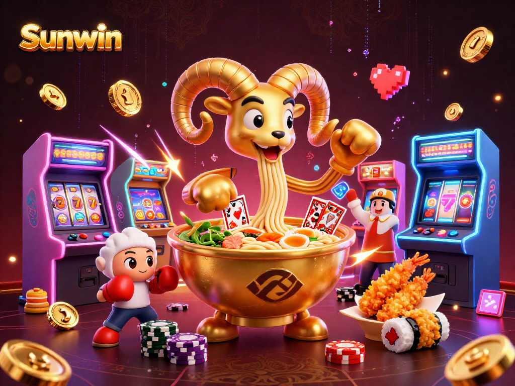 Experience thrilling casino games with Sunwin's vibrant characters, showcasing festive fun and excitement.