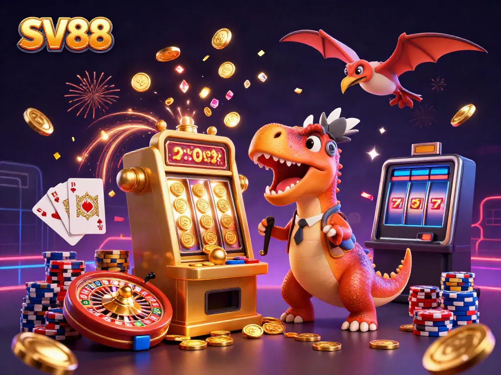 SV88 showcases a lively cartoon scene with dinosaurs interacting with casino elements, including a golden slot machine and flying coins.