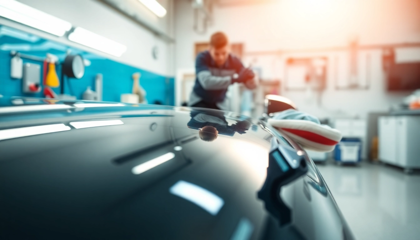 Fahrzeugaufbereitung durch professionelles Polieren eines Autos in einer hellen Werkstatt