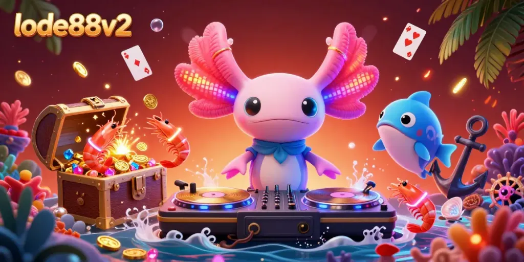 Experience the dynamic world of lode88v2 with a vibrant casino underwater scene featuring a DJ and colorful sea creatures.