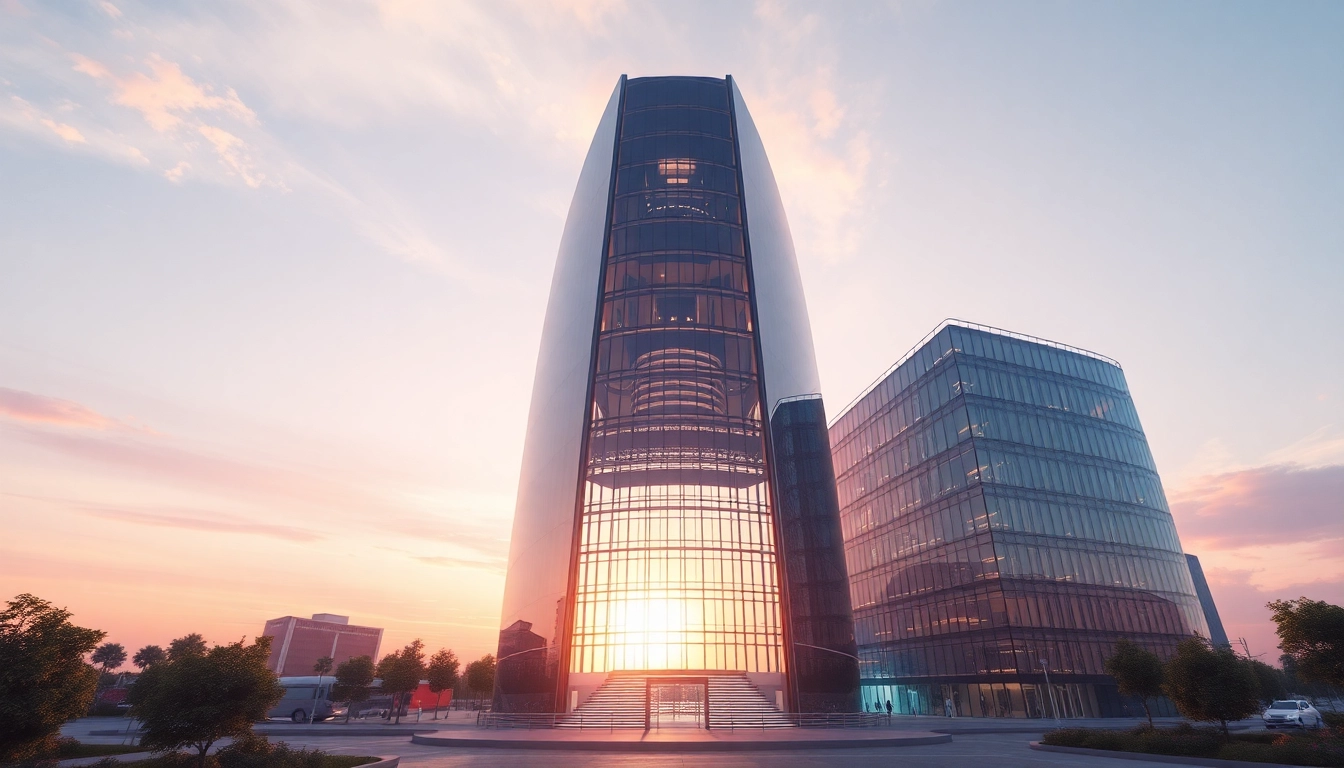 Realistische visualisierung architektur eines modernen Gebäudes bei Sonnenuntergang mit lebendigen Farben.
