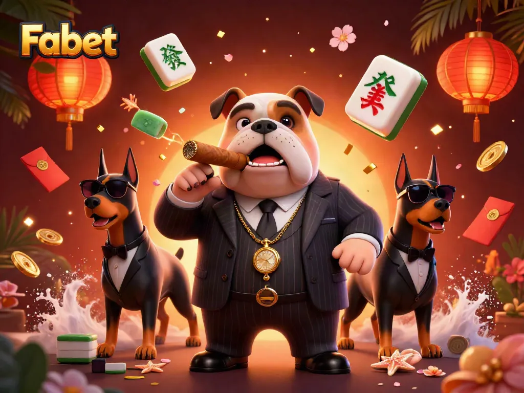 Experience Fabet's vibrant casino scene with a cartoon bulldog and Doberman bodyguards, filled with game elements.