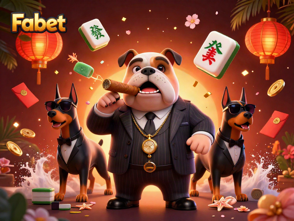 Experience Fabet's vibrant casino scene with a cartoon bulldog and Doberman bodyguards, filled with game elements.
