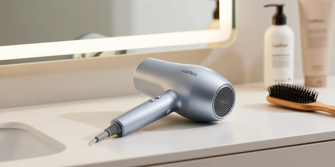 Close-up of Laifen Mini haartrockner on countertop with hair products.