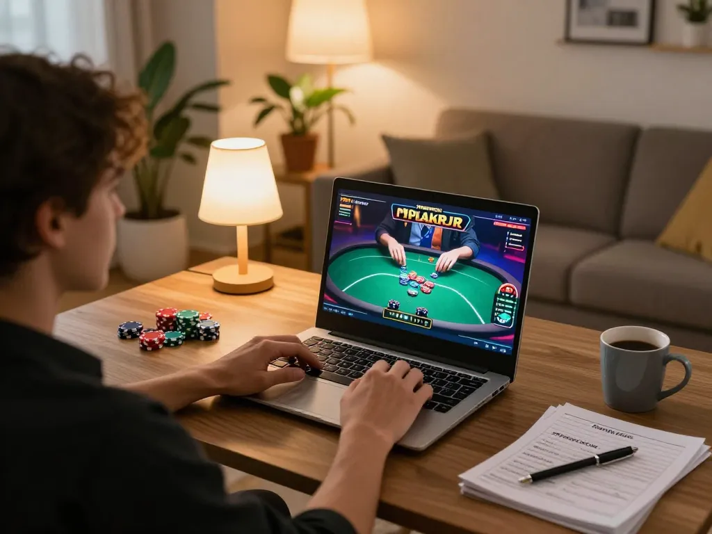 Người chơi LUCK8 tận hưởng một trò chơi poker trên laptop trong một phòng khách ấm cúng