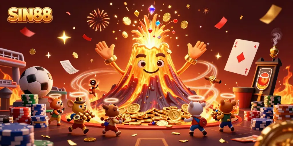 SIN88 celebrates with a triumphant golden volcano pouring treasures, surrounded by iconic sports betting symbols.