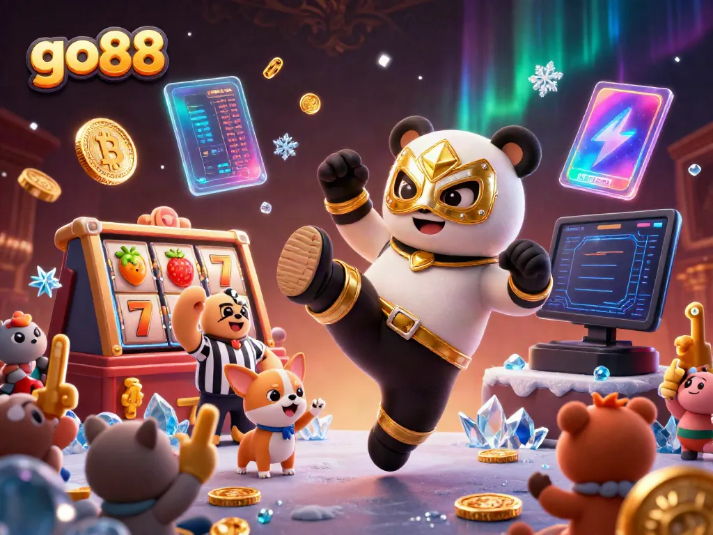 Experience exciting gameplay with go88 as a panda wrestler performs an epic kick surrounded by slot reels and crypto coins.