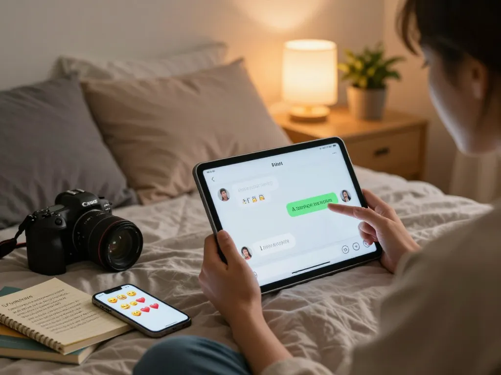 Engaging in sexting AI conversations in a cozy bedroom setting, highlighting modern digital interactions.