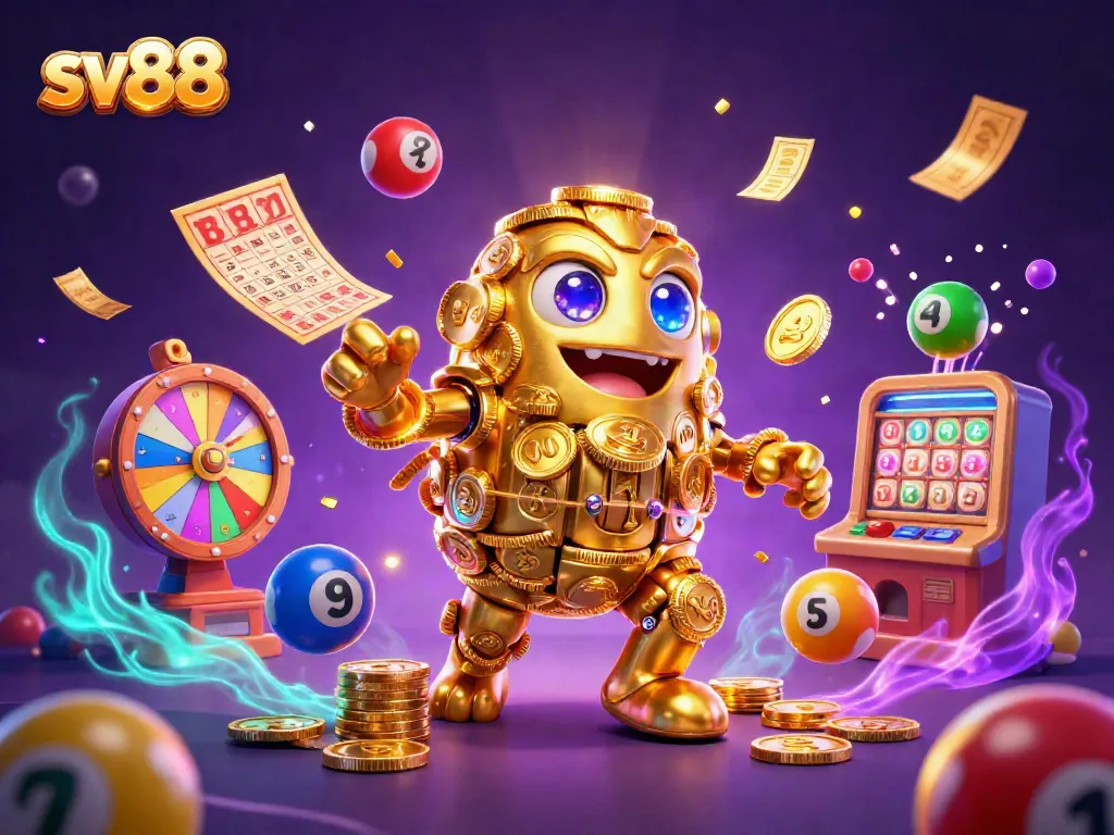 Win big with SV88 featuring a golden golem surrounded by lottery balls, cards, and more!