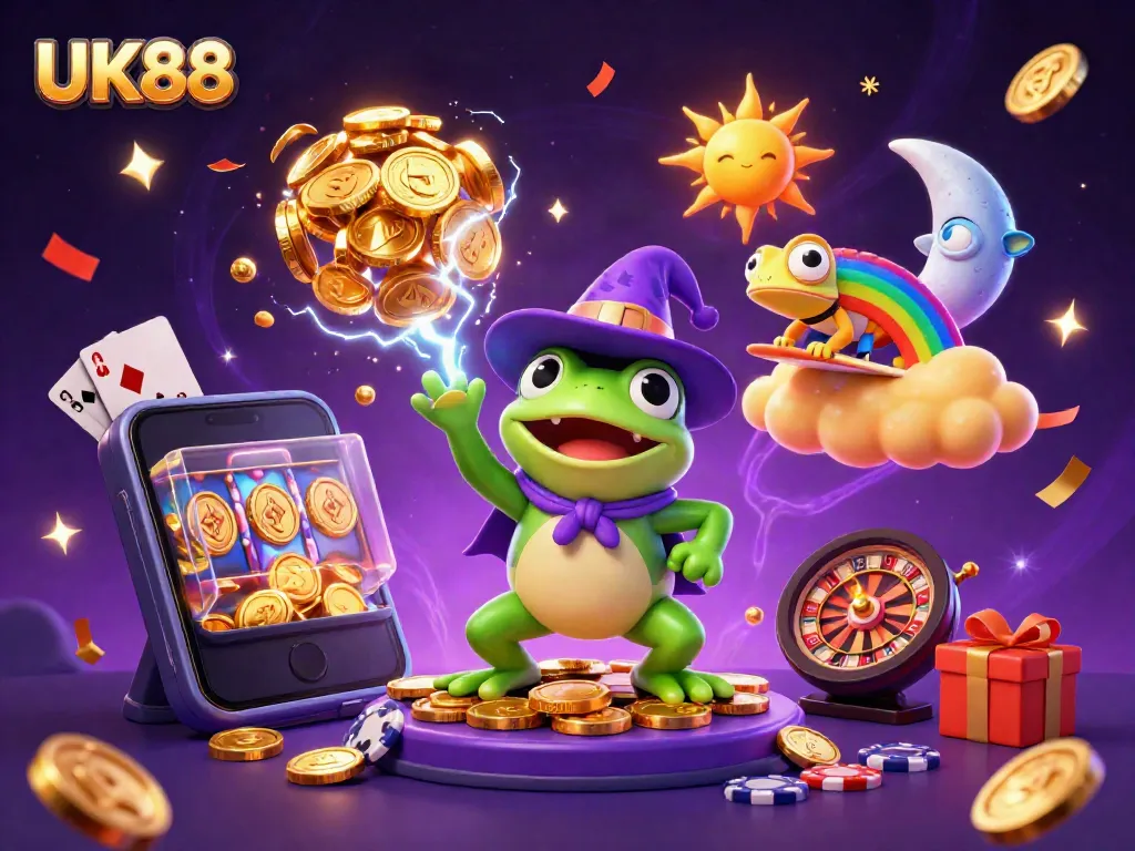 Experience UK88's vibrant world of online slots amidst a storm of golden coins and joyful characters.