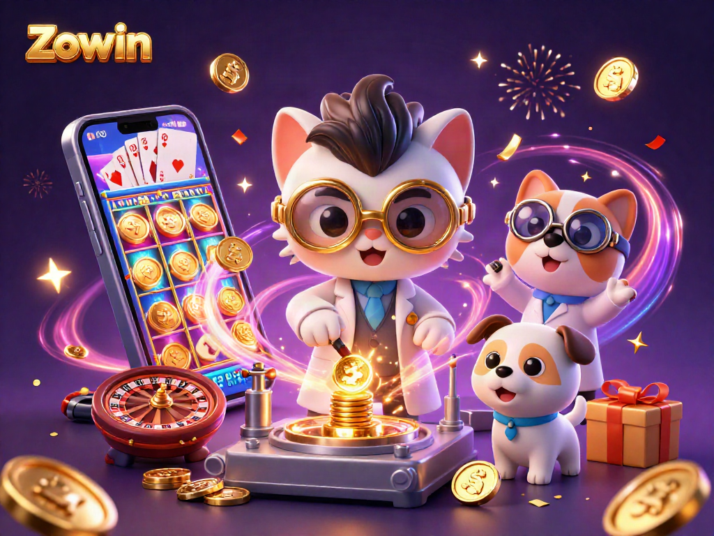 Zowin players enjoy immersive gaming with vibrant coins, slot symbols, and lively casino atmosphere.