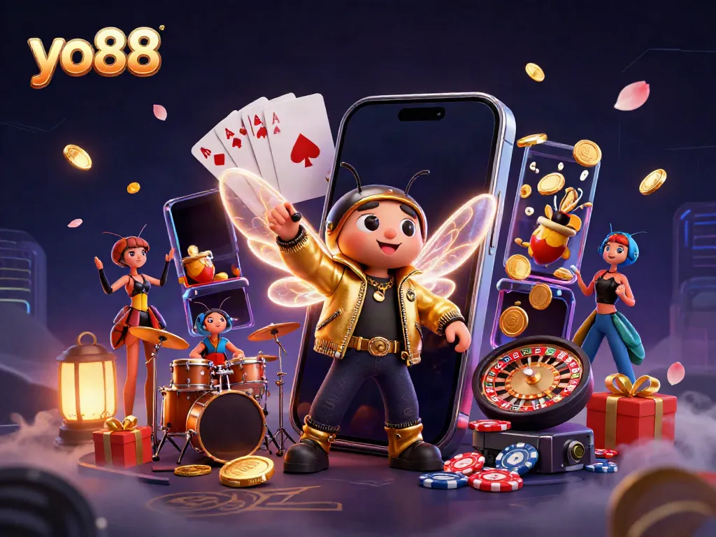Watch the yo88 rock star and band create a vibrant casino scene filled with games and excitement.