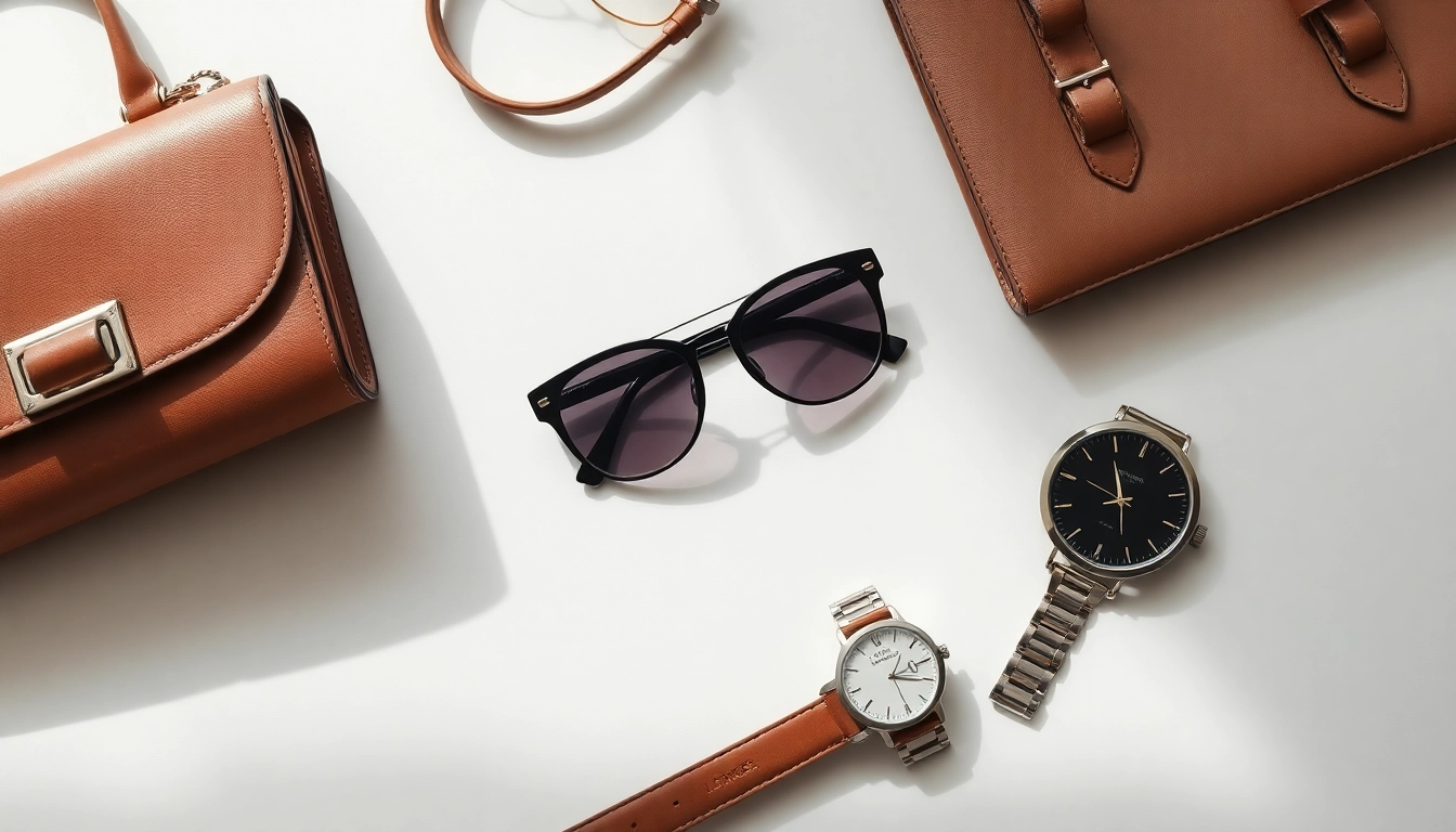 Luxury accessories featuring a designer handbag, sunglasses, and a watch arranged elegantly.