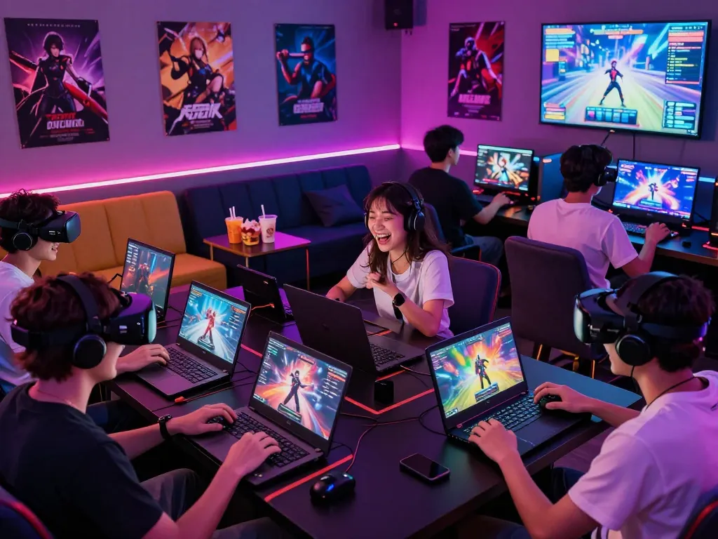 Engaged players experiencing game sex in a vibrant gaming lounge, showcasing diverse devices and dynamic interactions.