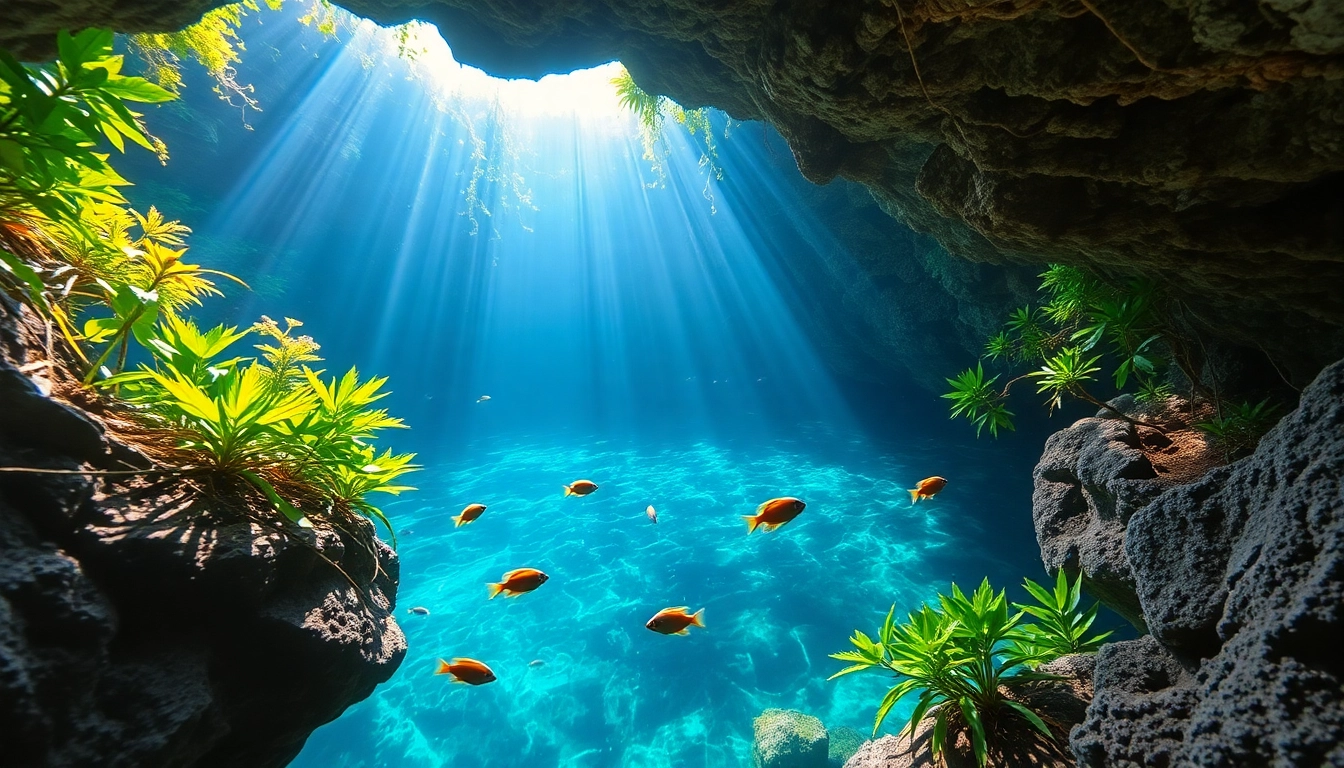 Tauchen Cenotes mit klarem Wasser und üppiger Vegetation mit atemberaubenden Lichtstrahlen.