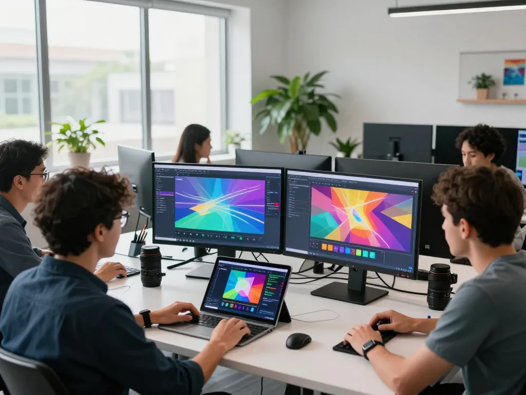 Team collaborating on motion control software, showcasing dynamic animations on screens in a modern tech workspace.