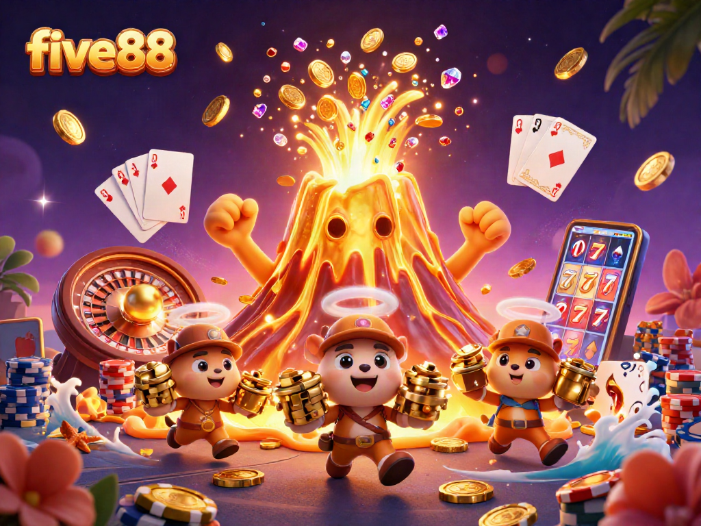Experience the thrill of five88 at this vibrant 3D casino scene brimming with treasures.