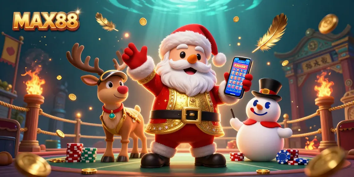 Experience MAX88 action with Santa and friends in a vibrant casino-themed 3D illustration.