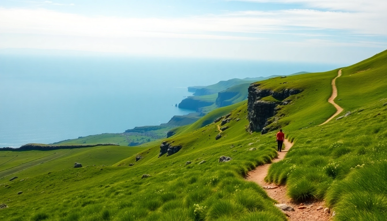 Erleben Sie Wanderurlaub Irland in atemberaubender Landschaft mit grünen Hügeln und Küstenblick.