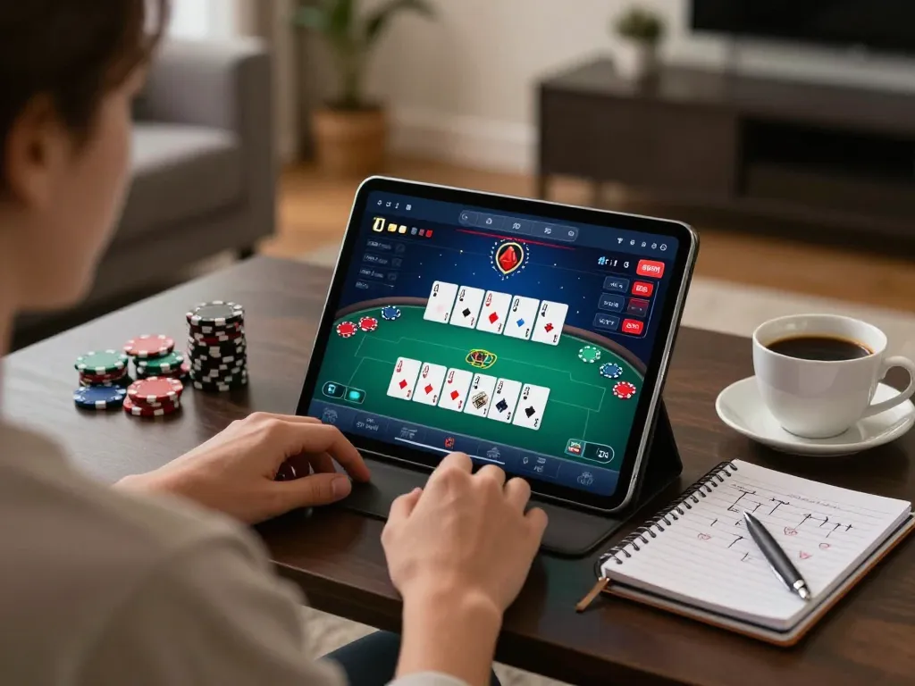 Player enjoying RR88 online poker game on tablet, showing strategic gameplay setup in cozy environment