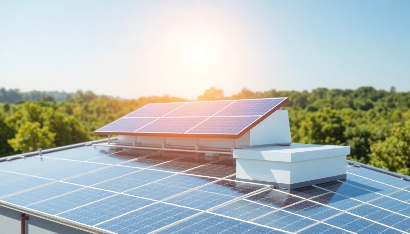 Visualisierung einer innovativen Photovoltaik Investment-Anlage auf einem modernen Dach, um Nachhaltigkeit und Effizienz zu fördern.
