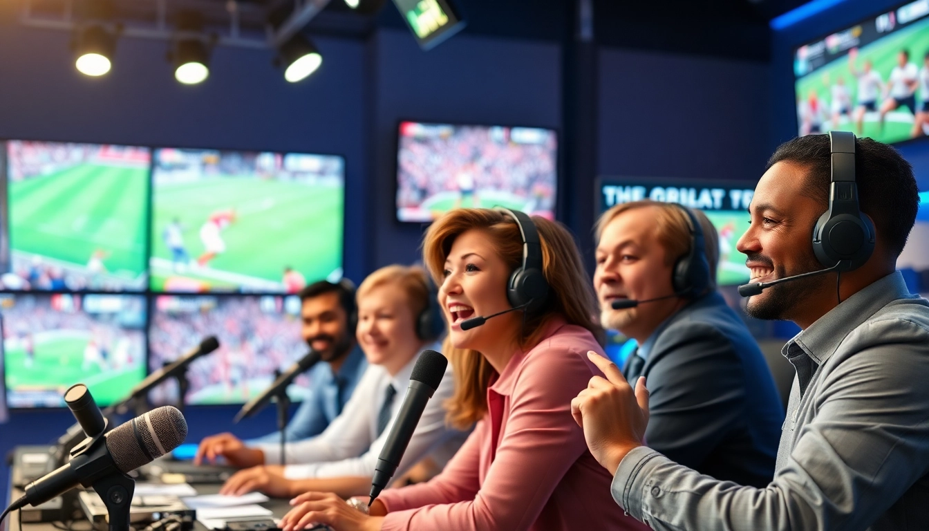 Engaging sports broadcasting commentary in a lively studio setting with diverse hosts.