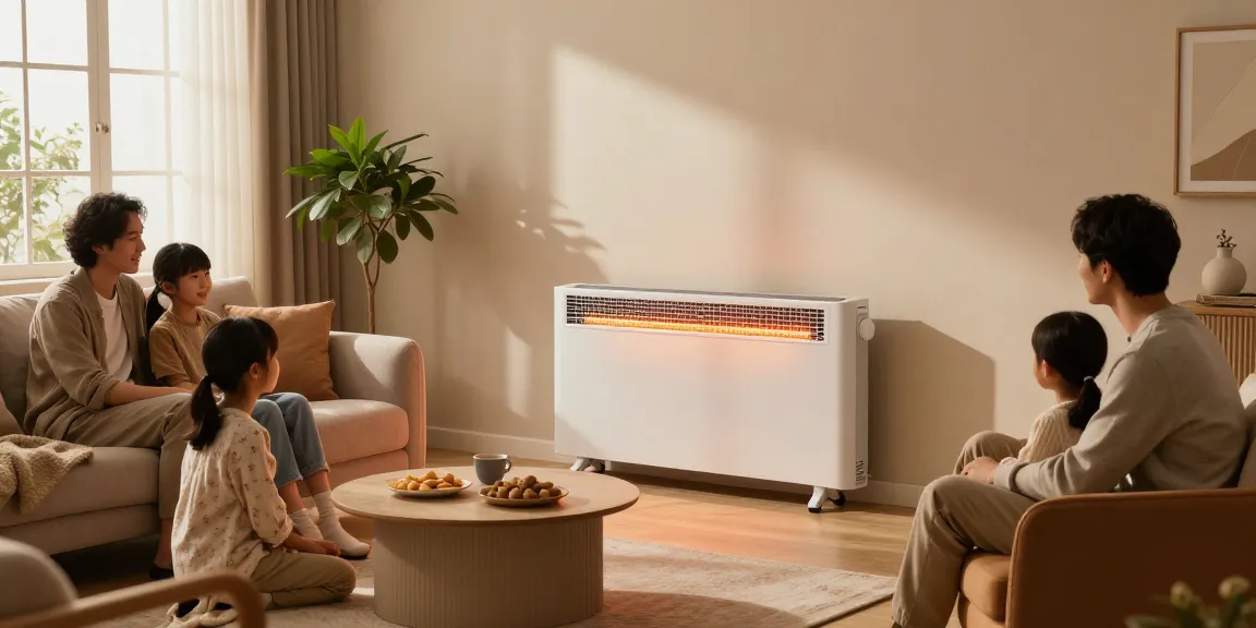 Gemütliches Wohnzimmer mit Infrarot Heizkörper, der Wärme spendet, mit modernem Dekor und einladender Atmosphäre.