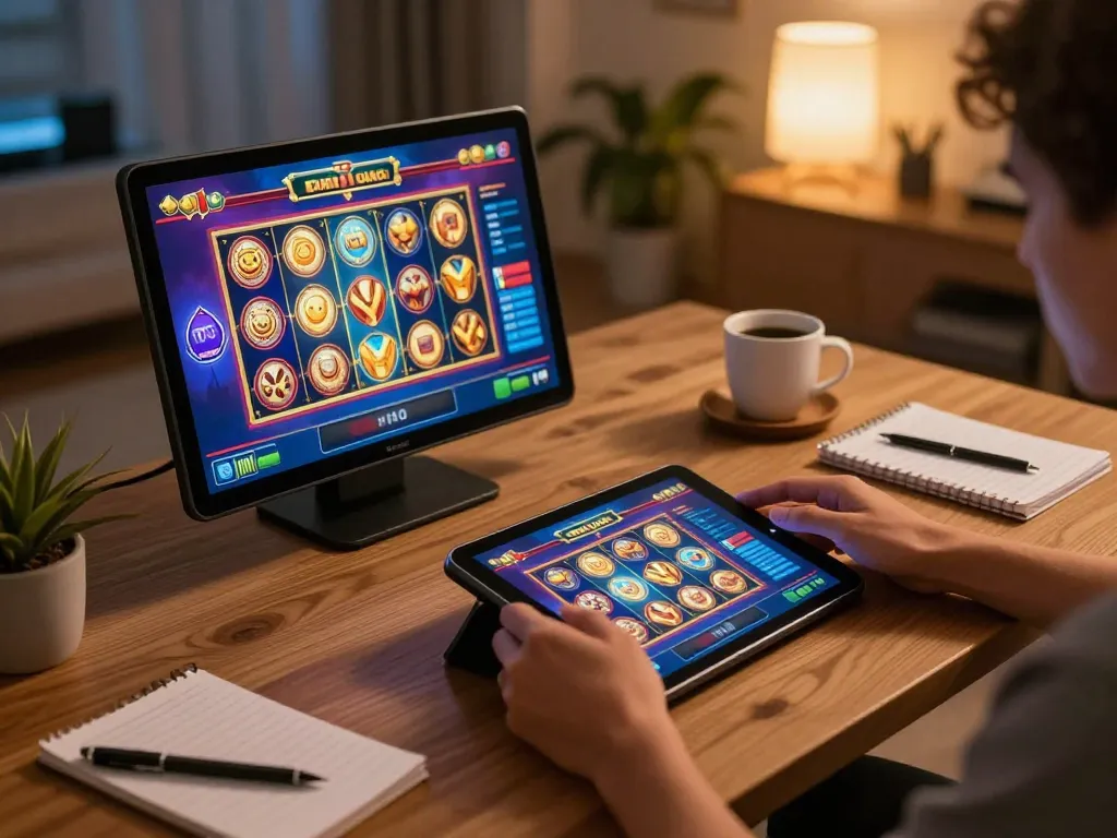 Player enjoying online gaming experience at f168 casino, engaging with vibrant slot game on tablet