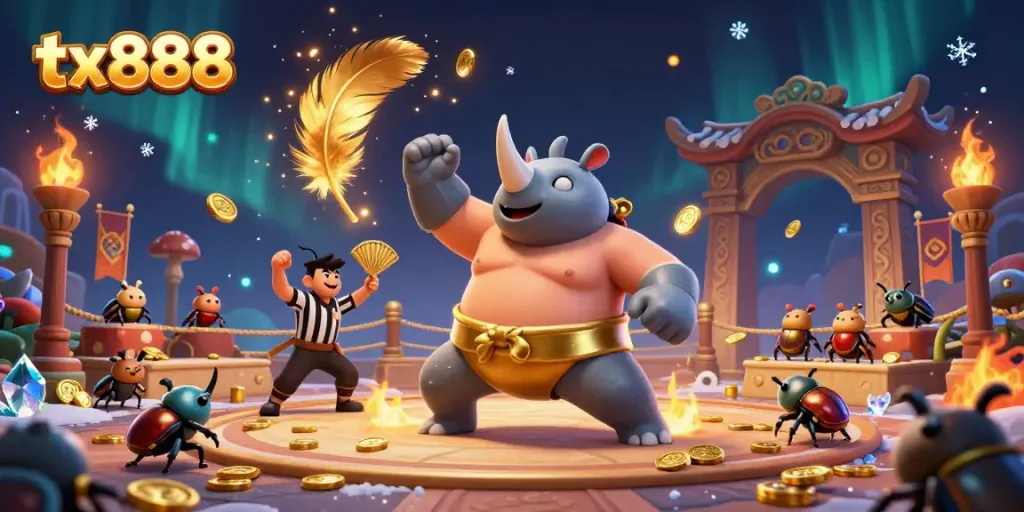 Experience excitement at tx888 with a 3D illustration of a beetle sumo champion surrounded by coins and vibrant game elements.