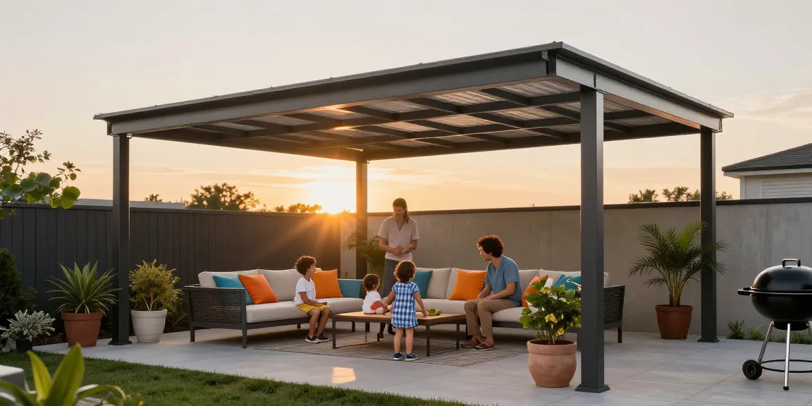 Familie unter einer modernen Terrassenüberdachung aus Aluminium, die den Außenbereich stilvoll genießt.