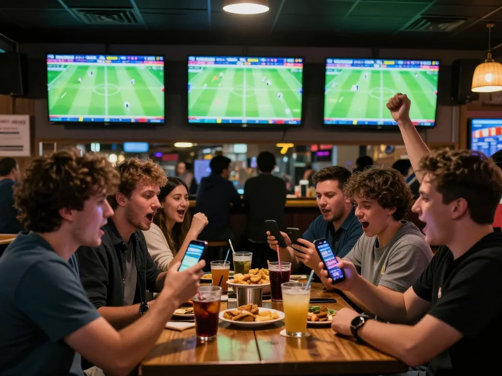 Sports enthusiasts placing bets on 7m-7m platform while watching live matches at a bustling sports bar.