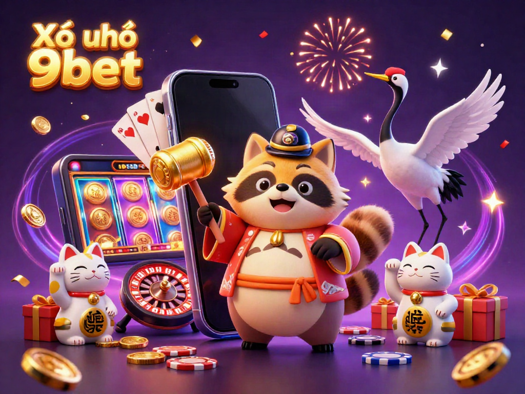 Xổ số 9bet vibrant scene with a cheerful tanuki and fortune cats enjoying a colorful online lottery experience.
