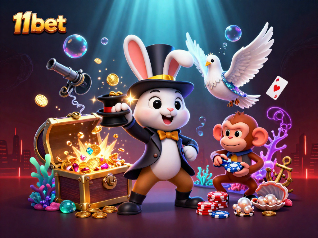 11bet showcases a magician rabbit pulling coins, with elements of excitement and luck in gambling.