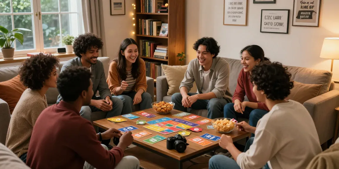 Friends and family enjoying a fun quiz Allgemeinwissen game night in a cozy living room atmosphere.