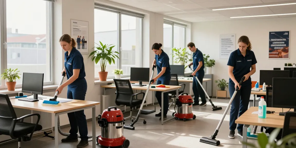 Professional cleaning team conducting unterhaltsreinigung solothurn in a bright office, showcasing teamwork and cleanliness.