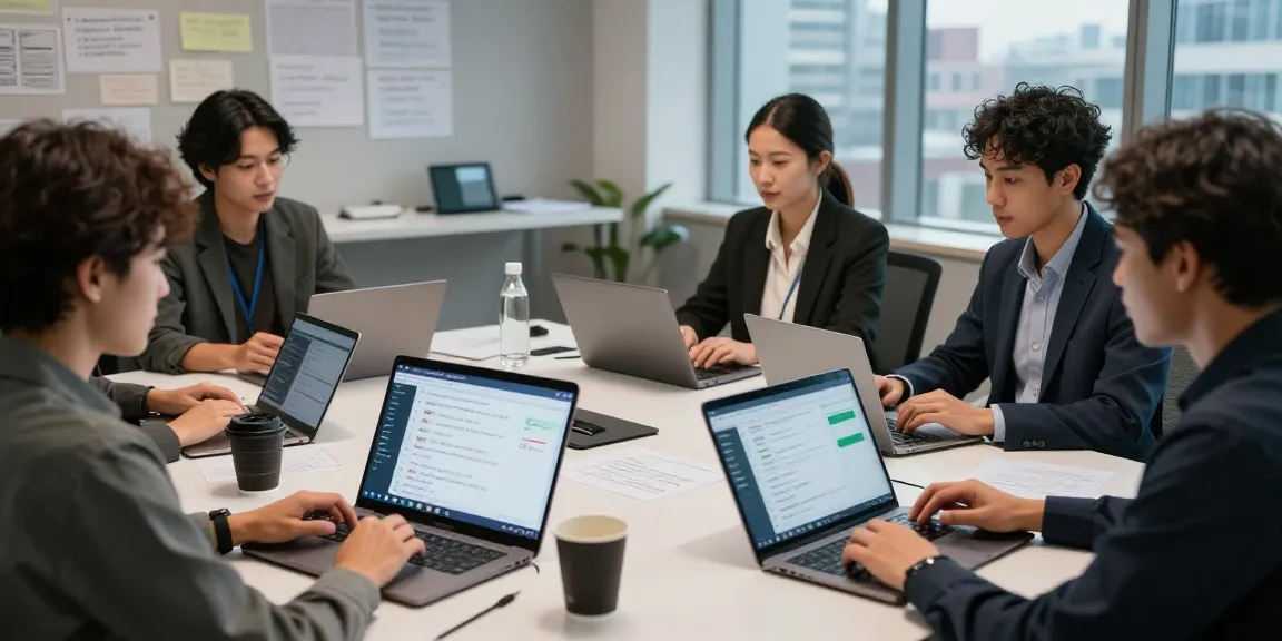 Professionelles Team bei der Zusammenarbeit mit einem Untertitel-Übersetzer, Laptops und Tablets zeigen Echtzeitübersetzungen.