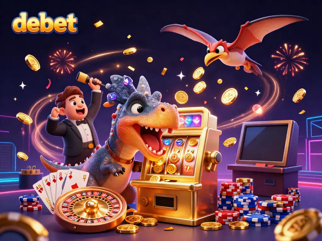 Experience the magic of debet with cartoon dinosaurs winning jackpots and flying coins in a vibrant casino