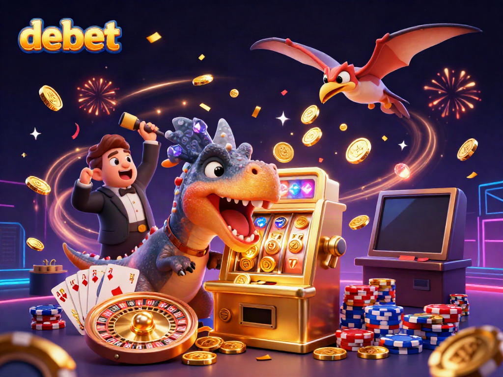 Experience the magic of debet with cartoon dinosaurs winning jackpots and flying coins in a vibrant casino