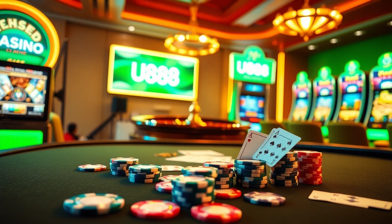 Experience the thrill of U888 online casino with vibrant poker chips and engaging slot machines.