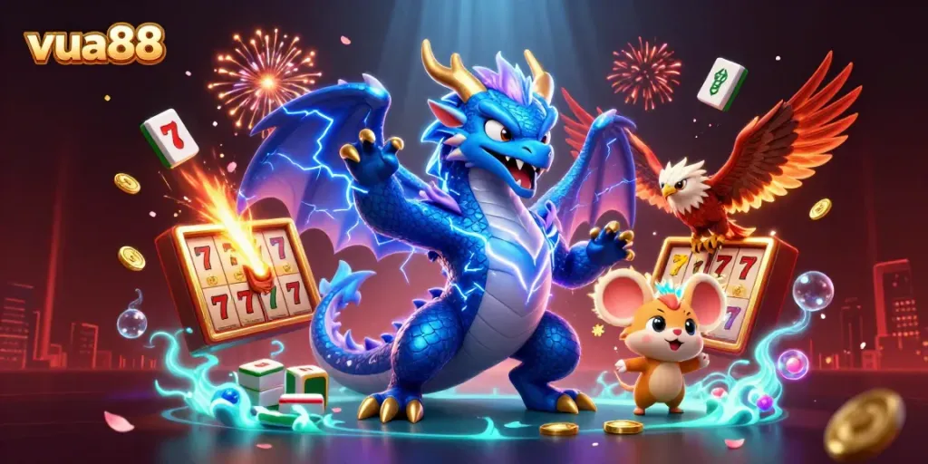Engaging illustration of vua88 featuring powerful characters around vibrant slot reels, capturing the excitement of online gaming.