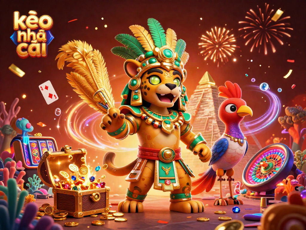 Experience exhilarating kèo nhà cái excitement with a vibrant casino scene showcasing majestic characters and festive elements.