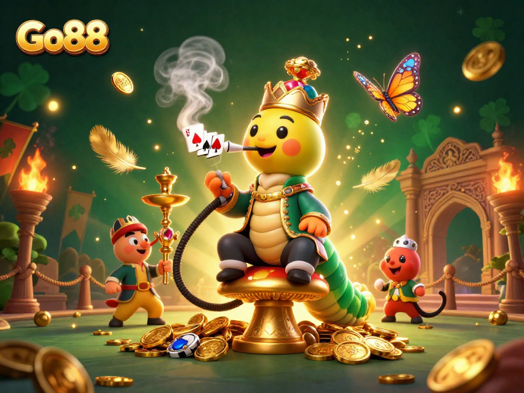Engage in thrilling gameplay at Go88 with an enchanting 3D illustration capturing poker symbols, golden coins, and vibrant atmosphere.