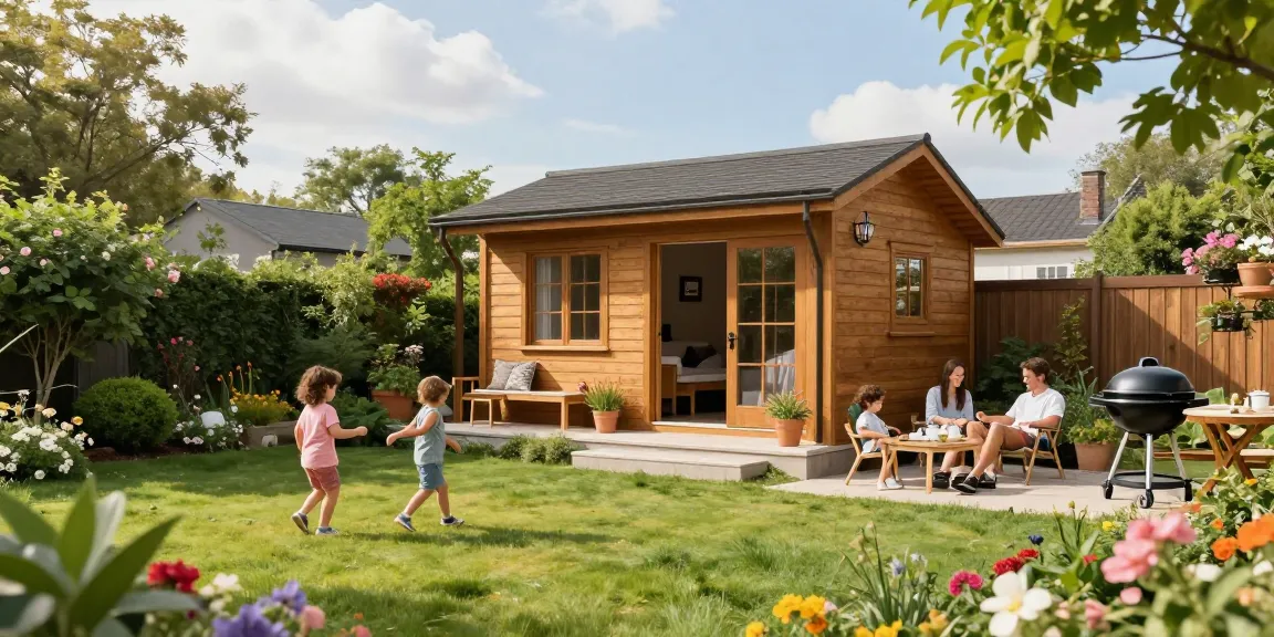Gartenhäuser aus Holz umgeben von bunten Blumen und spielenden Kindern, perfekte Sommer-Oase.