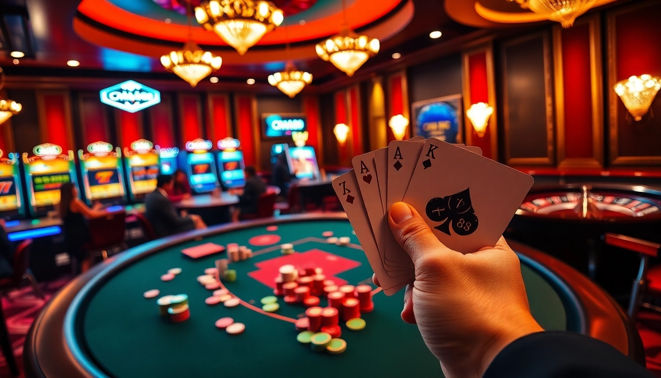 Engaged players celebrating a win at a poker table with CM88 chips in hand, showcasing casino excitement.