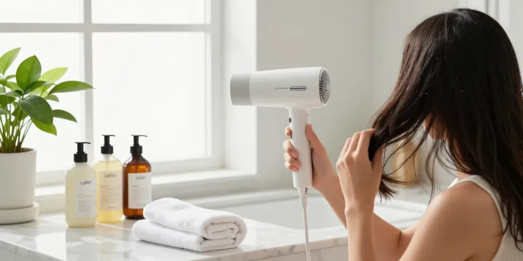 Woman drying hair with Laifen Mini haartrockner in stylish bathroom.